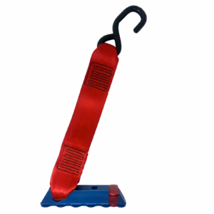 Wheelchair tie‑down rear anchorage hook on white background – front view showing hook opening and mounting base.