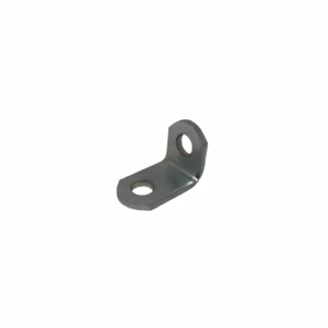 small 90&deg; right‑angle steel seat belt mounting brackets on white background &ndash; isometric view.