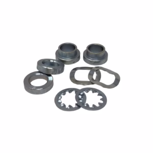 Classic car seat belt mounting kit laid out &ndash; two stepped spacers, two wavy washers, two standard spacers, two grip washers.