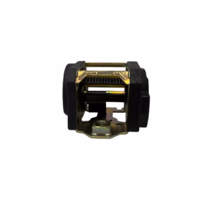 Huzi 90/90 seat belt retractor with welded nut on white background – front view showing mechanism and mounting nut.