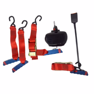 Complete wheelchair tie-down kit on white background – showing all straps, fittings, and hardware.