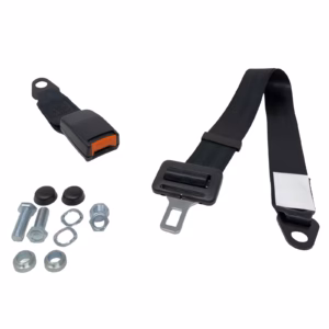 Adjustable static lap seat belt for Land Rover Defender 90/110 CSW &ndash; full view showing black webbing, webbed buckle, and hardware.